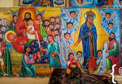 Entos Eyesu Monastery church interior narrative mural biblical scenes Ethiopia