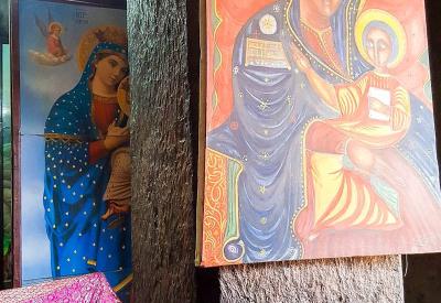 Ancient Ethiopian icon warrior saint horseback golden halo religious art photography