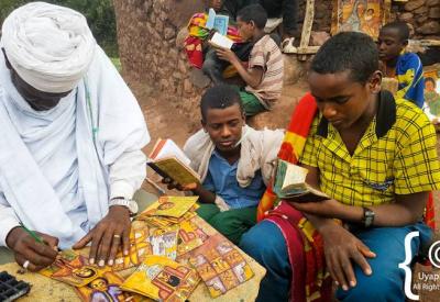 Ethiopian Orthodox icon ancient saint painting vibrant colours Lalibela church art photography