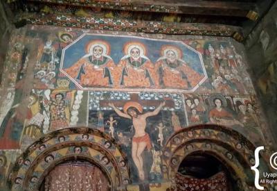 Ethiopian church interior narrative mural biblical scenes rich pigments religious art