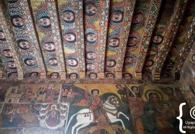 Ethiopian traditional church painting Saint George dragon red golden Ethiopia religious art