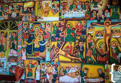 Ethiopian church ceiling fresco vibrant tempera paint biblical narrative art photography
