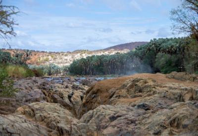 Epupa Falls wide view Kaokoveld mountains Kunene River Namibia Angola border