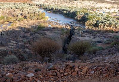 Epupa Falls Kaokoveld mountain backdrop Kunene River Namibia Angola border