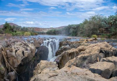 Epupa Falls Kunene River panoramic Kaokoveld mountains Namibia Angola border photography