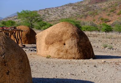 Ovahimba Himba village mud huts central kraal Kunene River Kaokoland Namibia