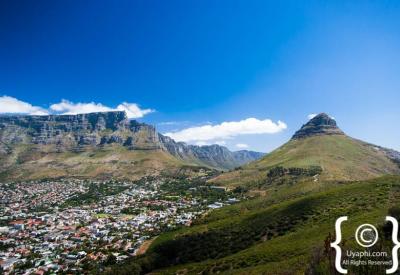 Panoramic views from Table Mountain summit over Cape Town and Atlantic Ocean South Africa