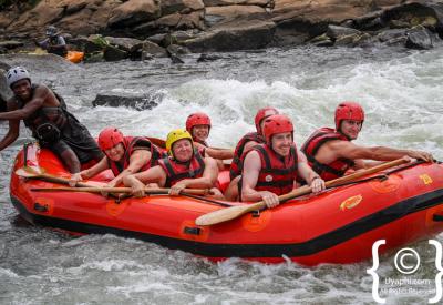 Aerial view Nile River rapids white water rafting Uganda Jinja