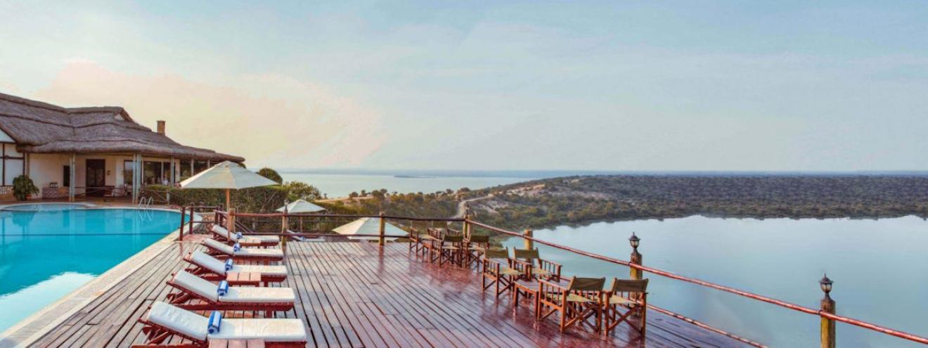 Mweya Safari Lodge 54 rooms peninsula Kazinga Channel Rwenzori Mountains Uganda