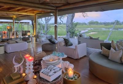 Central lounge and camp Okavango Delta views