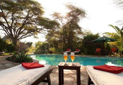 Swimming pool with sun loungers