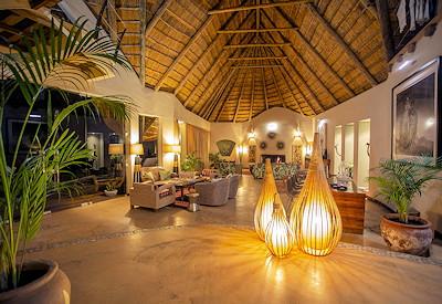 The lodge lit up at night