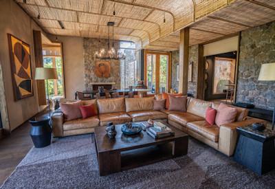 Lounge area with fireplace and library