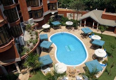 All rooms overlook the swimming pool