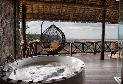 Private spa bath and Lake Manyara