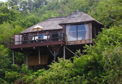Thatched safari suites overlooning the Rufiji