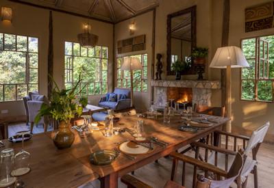 Dining and bar area with fireplace