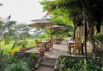 Veranda overlooking the year round outdoor pool
