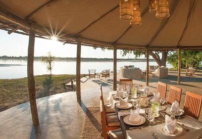 Indoor dining area with views of the rivers