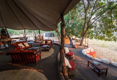 Main camp lounge area surrounded by mahogany trees
