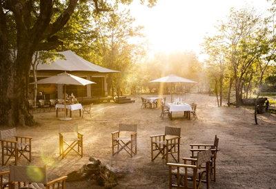 Outdoor dining area at sunset