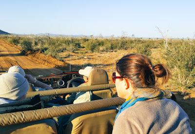 Guests photographing from an open game viewer with their guide in the Madikwe Game Reserve