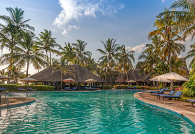 Breezes Beach Club large swimming pool beach sun loungers Zanzibar Tanzania