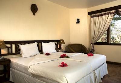 KIA Lodge en-suite bedroom Tinga Tinga paintings Makunde carvings air conditioning Tanzania