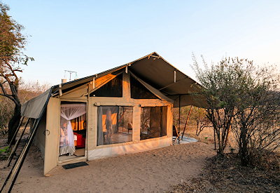 Kwihala Camp Meru-style safari tent baobab dense forest Ruaha National Park Tanzania