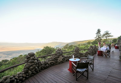 Ngorongoro Serena Safari Lodge crater floor views from rock-enclosed balcony Tanzania