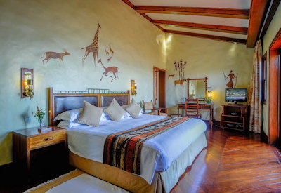 Ngorongoro Serena Safari Lodge en-suite cave-grey indigo blue jasper red décor Tanzania