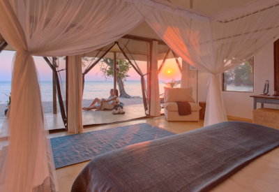 Rubondo Island Camp waterfront beach cottage king bed mosquito netting Lake Victoria Tanzania