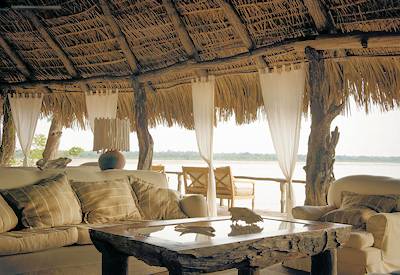 Sand Rivers Selous main lounge library bar Selous views Rufiji River Tanzania