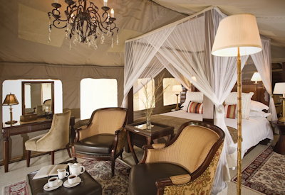 Selous Serena Camp luxurious tented suite Victorian claw-foot bath rosewood furniture Tanzania