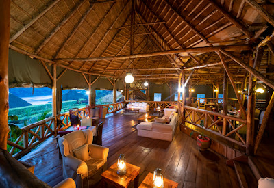Crater Safari Lodge central open-air lounge Boma fire crater lake views Uganda
