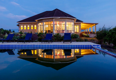 Elephant Plains Lodge central guest area pool Lake George views Uganda