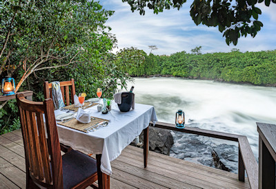 Lemala Wildwaters Lodge sunrise breakfast poolside Victoria Nile views Uganda