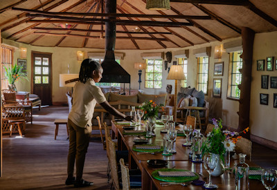 Mount Gahinga Lodge thatched dining room locally sourced Ugandan cuisine Uganda