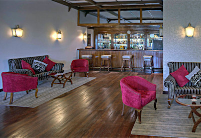 Paraa Safari Lodge Explorer's Bar plush sofas Nile River views Uganda