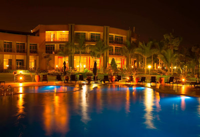 Protea Hotel Entebbe classic 4-star hotel illuminated night Lake Victoria Uganda Marriott