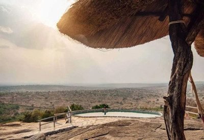 Rwakobo Rock Lodge swimming pool waterhole zebra impala Lake Mburo National Park Uganda
