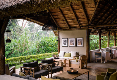 Sanctuary Gorilla Forest Camp main lounge bar campfire Bwindi Forest Uganda