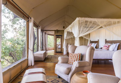 Amanzi Camp large luxurious bedroom private deck Lower Zambezi Zambia