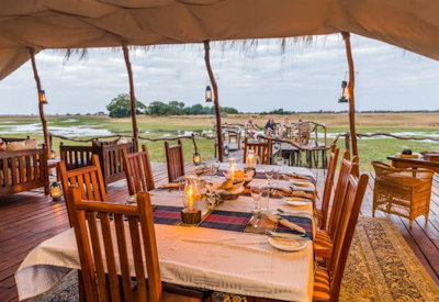 Busanga Plains Camp tented central indoor dining bar lounge Busanga Plains views Zambia
