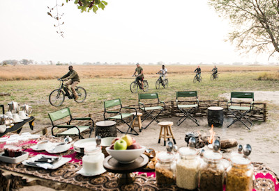 Chisa Busanga Camp afternoon tea after electric bike safari Busanga Plains Kafue Zambia