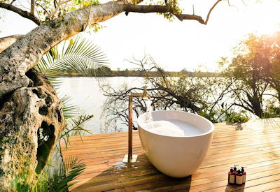 Ila Safari Lodge outdoor bath best bathtub Zambia Kafue River views Green Safaris