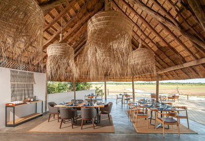 Kafunta River Lodge thatched sunset house dining area floodplain views Zambia