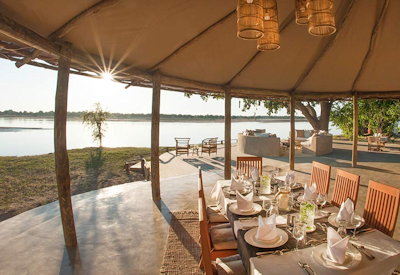 Kafunta Three Rivers Camp indoor dining tented lounge rivers views South Luangwa Zambia