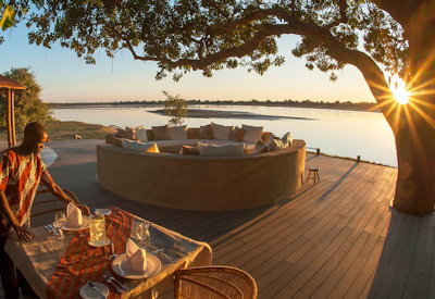 Kafunta Three Rivers Camp main viewing deck Luangwa River hippo crocodile birdlife Zambia
