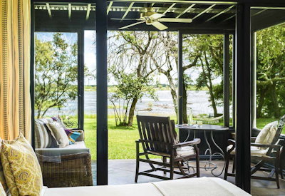Royal Livingstone Hotel Anantara Zambezi River views shaded veranda library Zambia